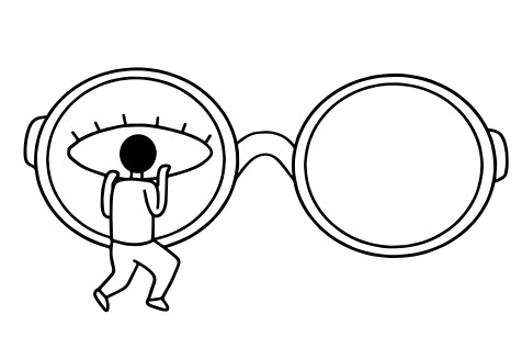 Zeichnung: Strichmännchen schaut durch eine Brille