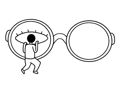 Zeichnung: Strichmännchen schaut durch eine Brille